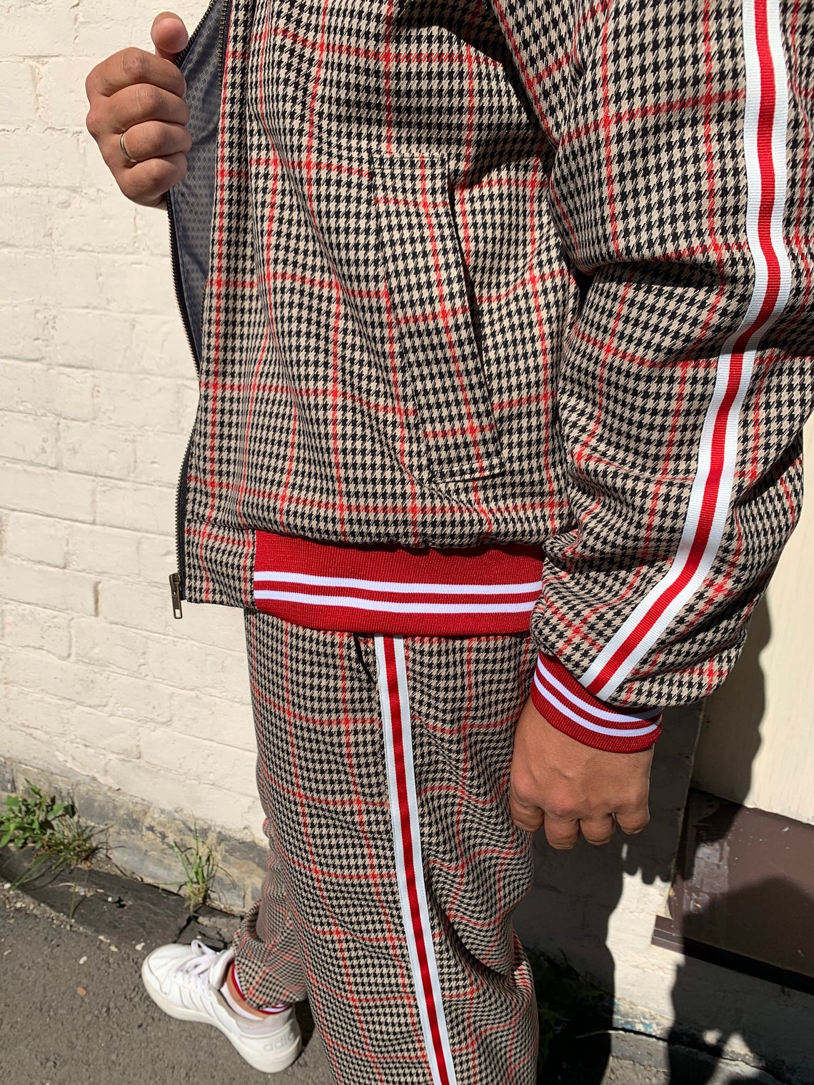 Premium Tan & Red Glen Plaid Gentlemen Tracksuit — close-up of the jacket and joggers