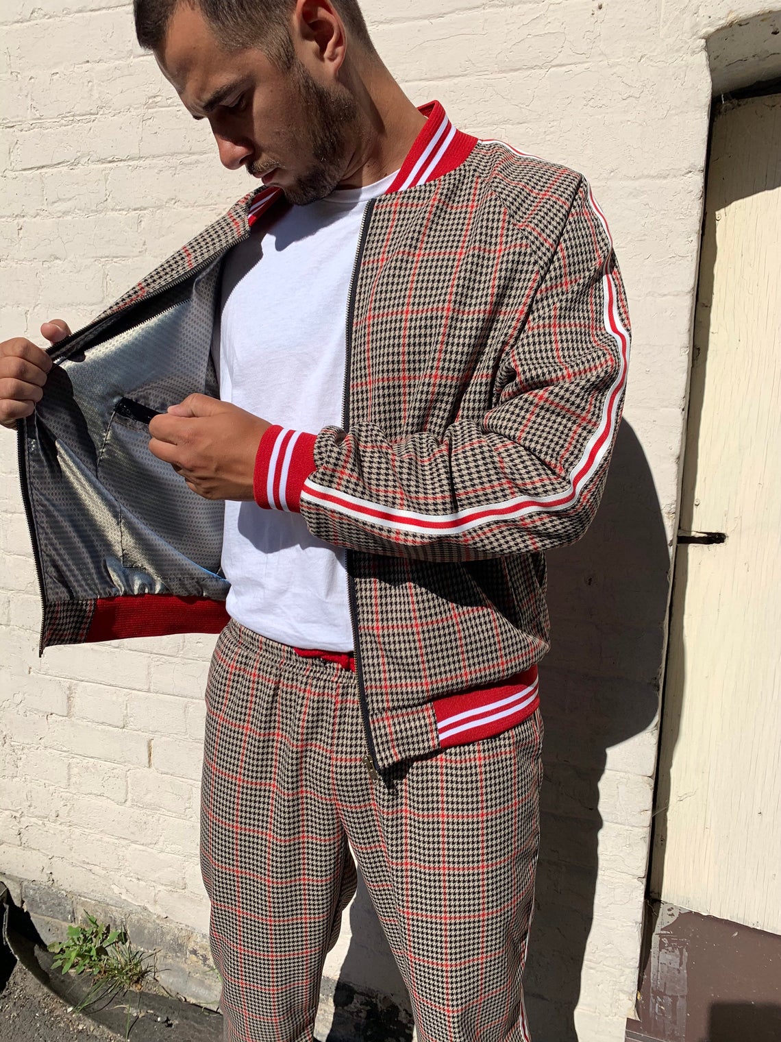 Premium Tan & Red Glen Plaid Gentlemen Tracksuit — close-up of the open bomber jacket
