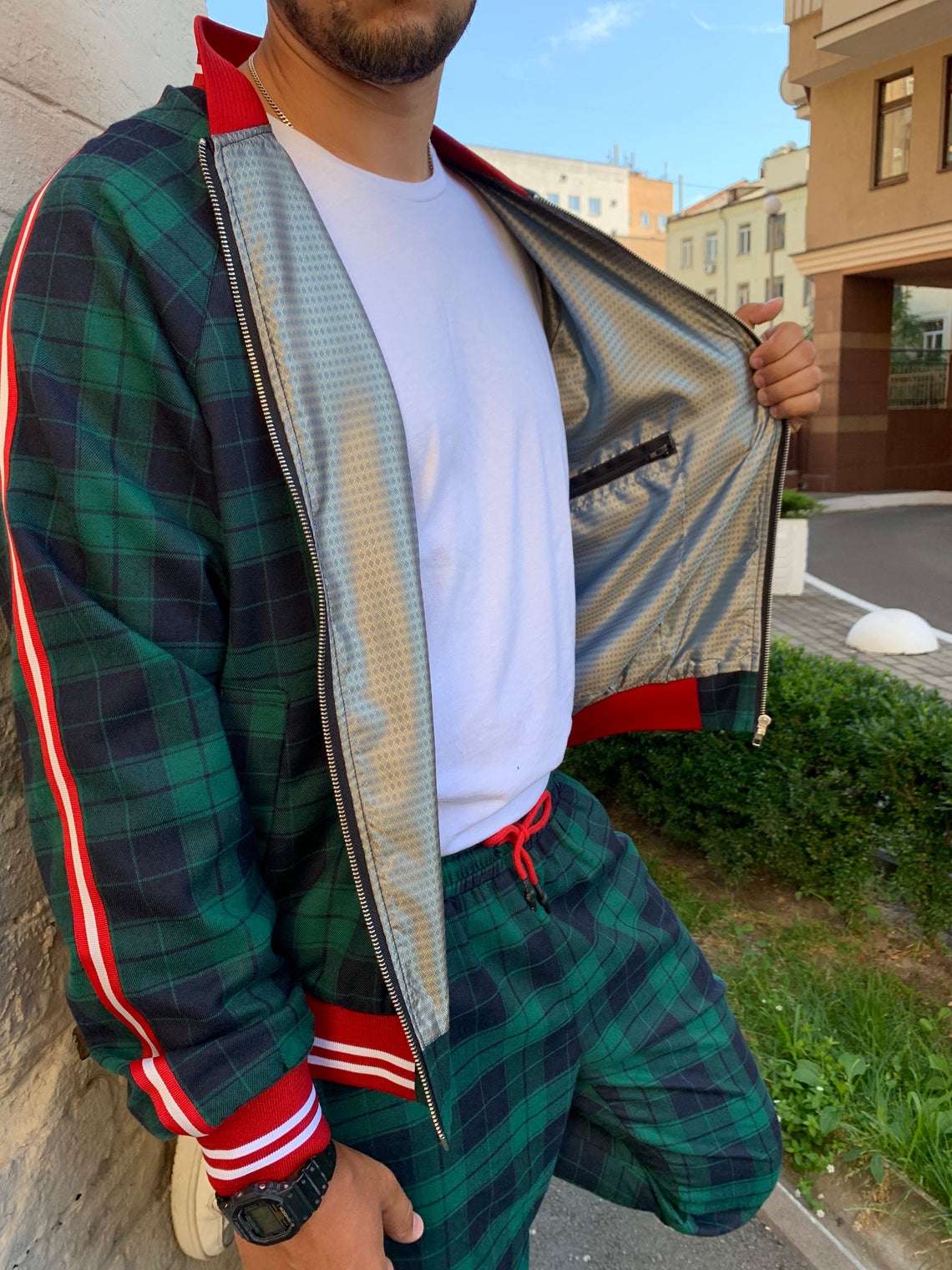 Premium Green Tartan Coach Gentlemen Tracksuit — close-up of the open bomber jacket