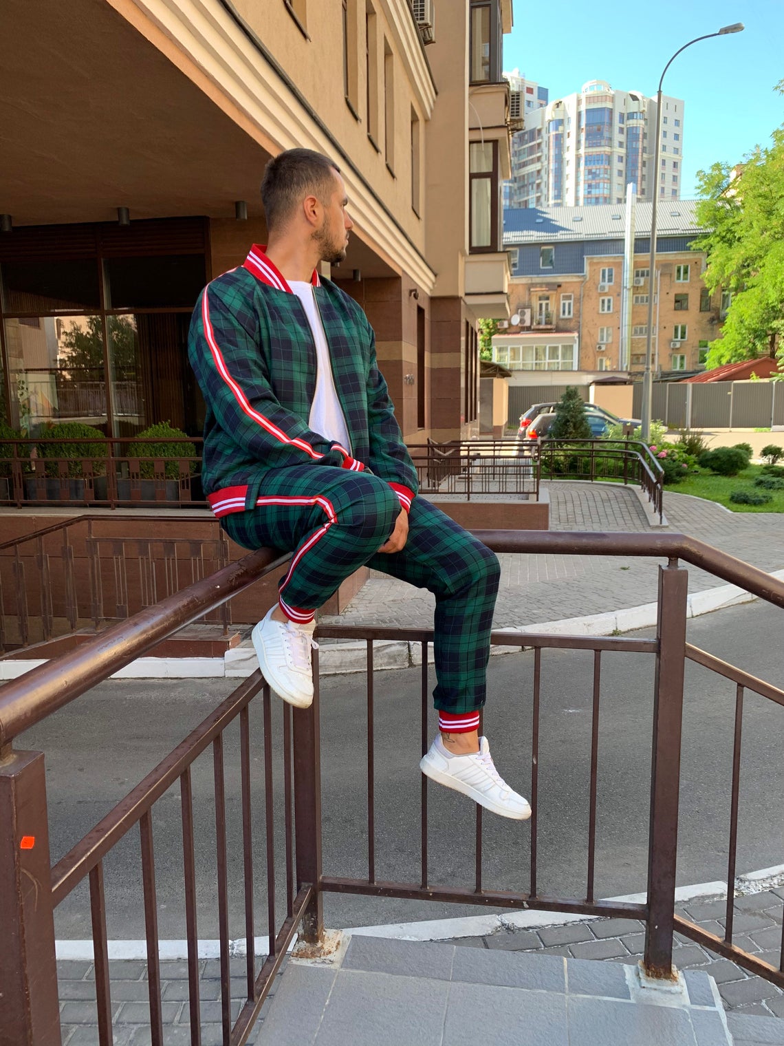 Premium Green Tartan Coach Gentlemen Tracksuit — seated pose; the Coach look inspired by Colin Farrell in The Gentlemen