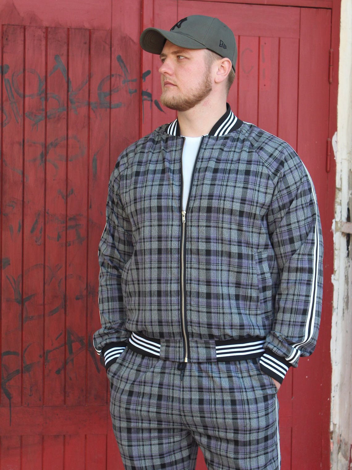 Premium Slate Grey Tartan Gentlemen Tracksuit — close-up of the bomber jacket