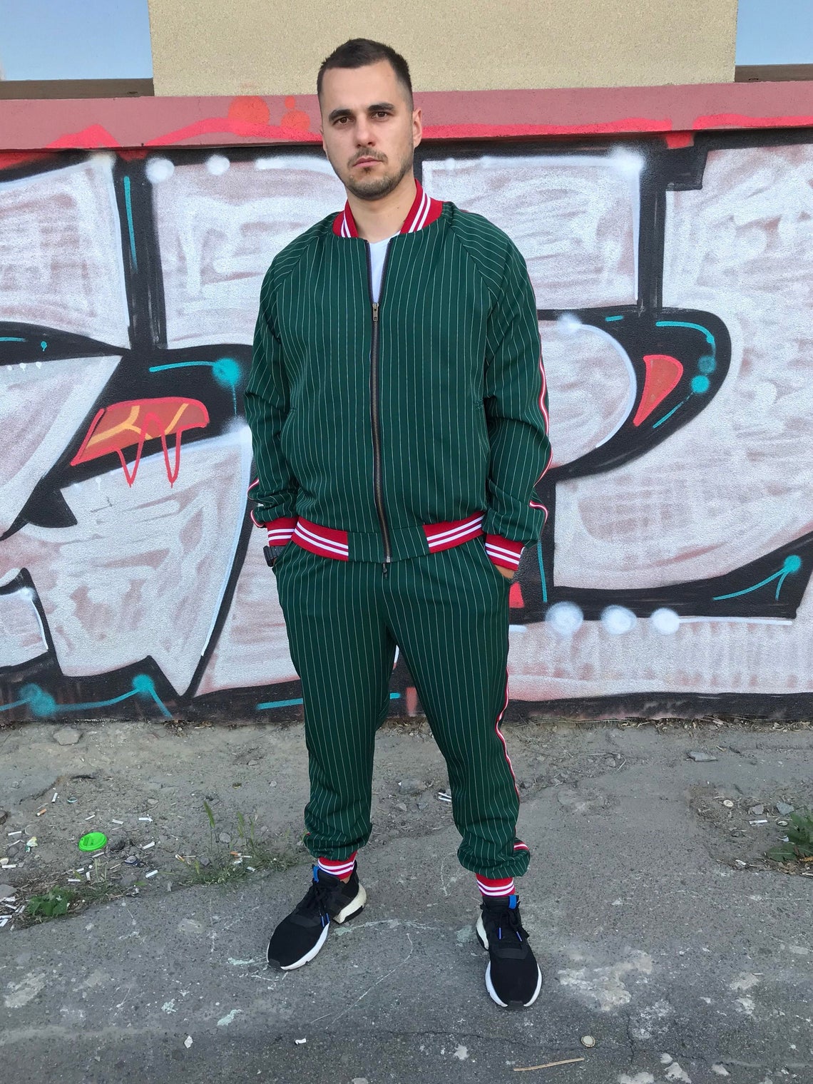Premium Dark Green Pinstripe Gentlemen Tracksuit — front view, another angle
