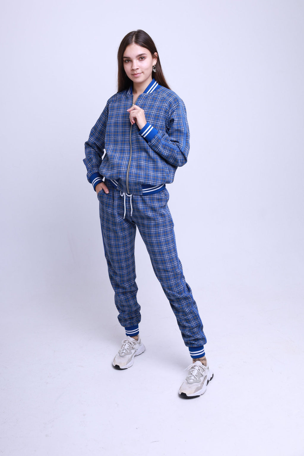 Women's Royal Blue Plaid Tracksuit — plaid bomber jacket and joggers inspired by The Gentlemen, front view
