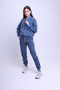 Women's Royal Blue Plaid Tracksuit — plaid bomber jacket and joggers inspired by The Gentlemen, front view