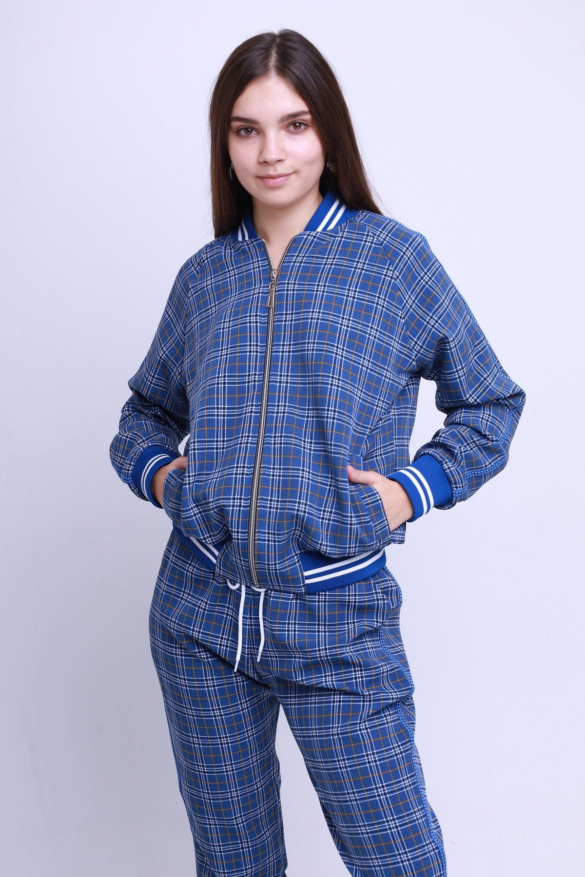 Women's Royal Blue Plaid Tracksuit — close-up of the bomber jacket