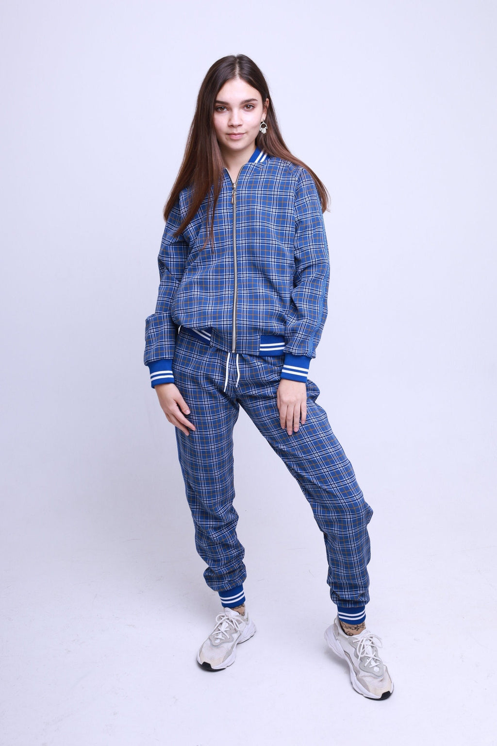 Women's Royal Blue Plaid Tracksuit — front view, another angle