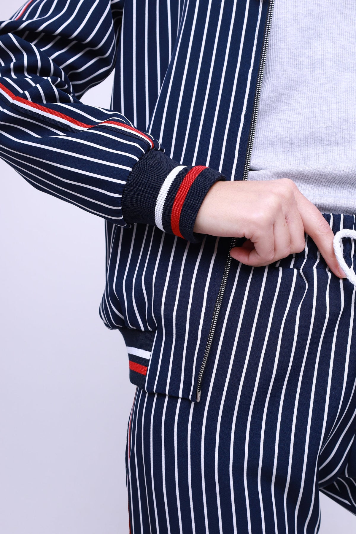 Women's Navy Pinstripe Tracksuit — close-up of the cuff and pocket
