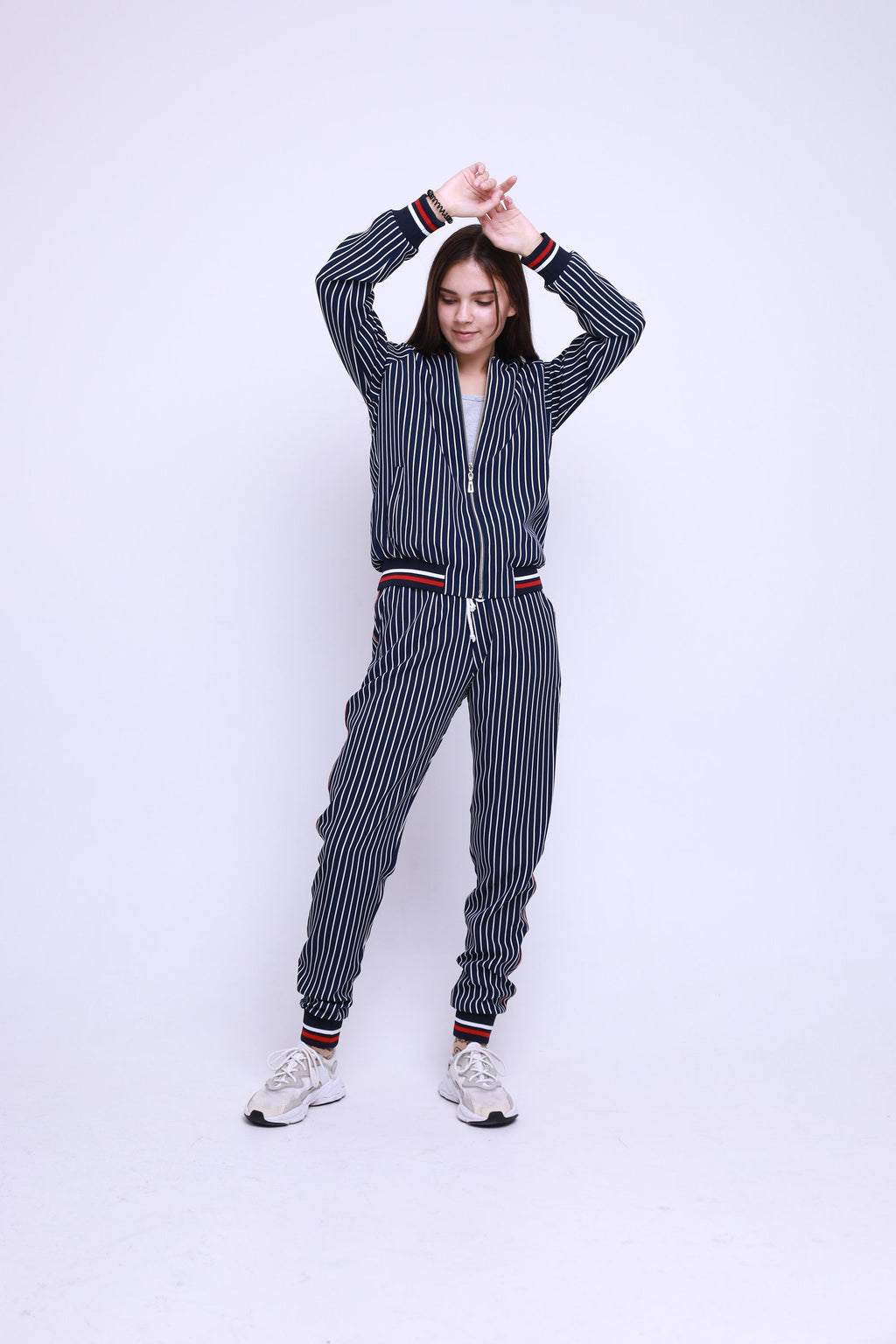 Women's Navy Pinstripe Tracksuit — front view, third angle