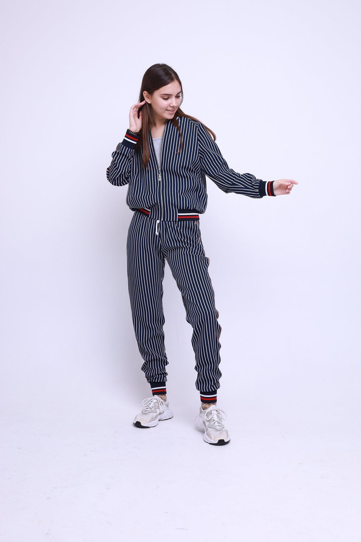 Women's Navy Pinstripe Tracksuit — front view, another angle
