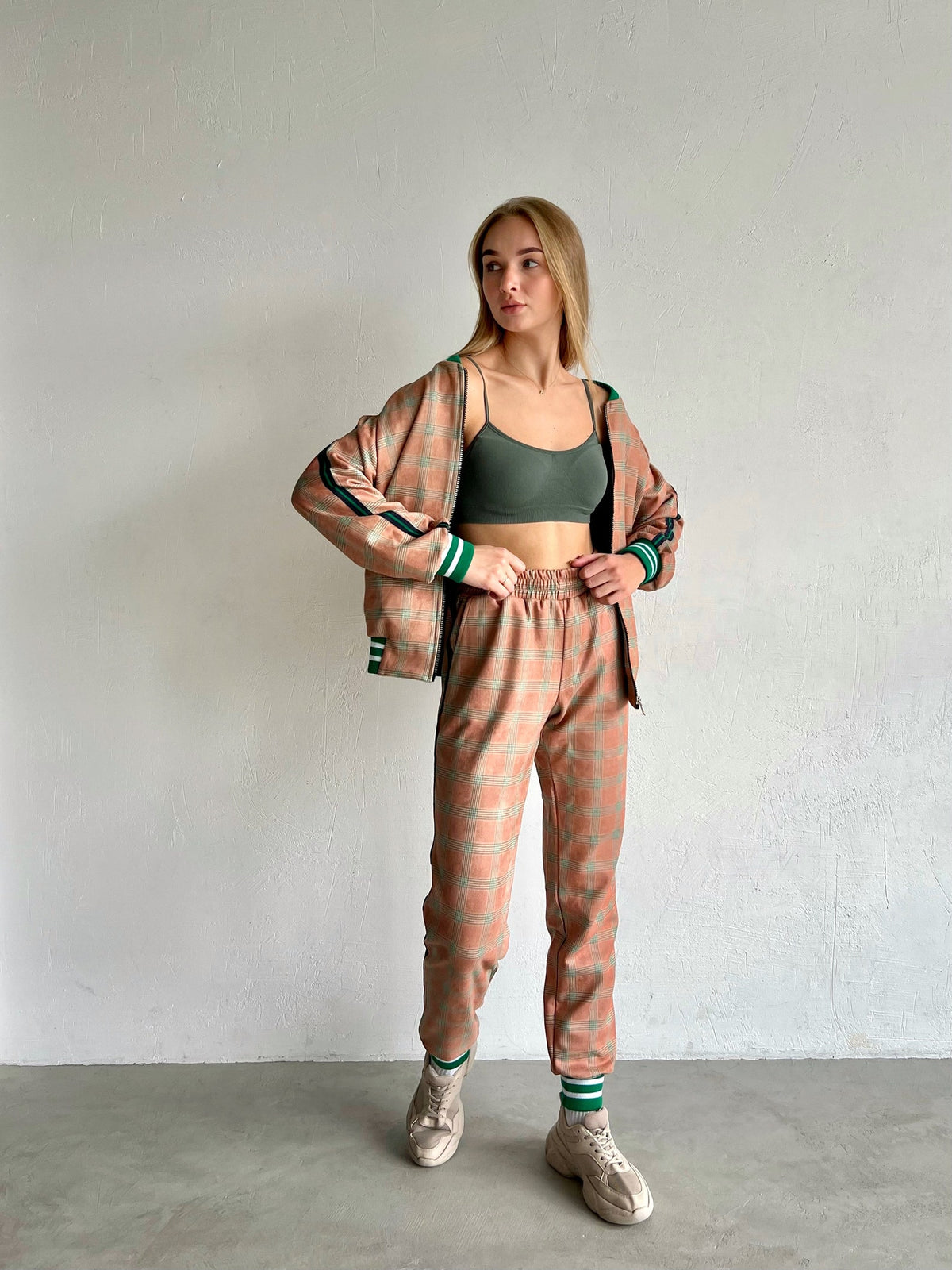 Women's Peach Glen Plaid Tracksuit — front view, jacket open, another angle