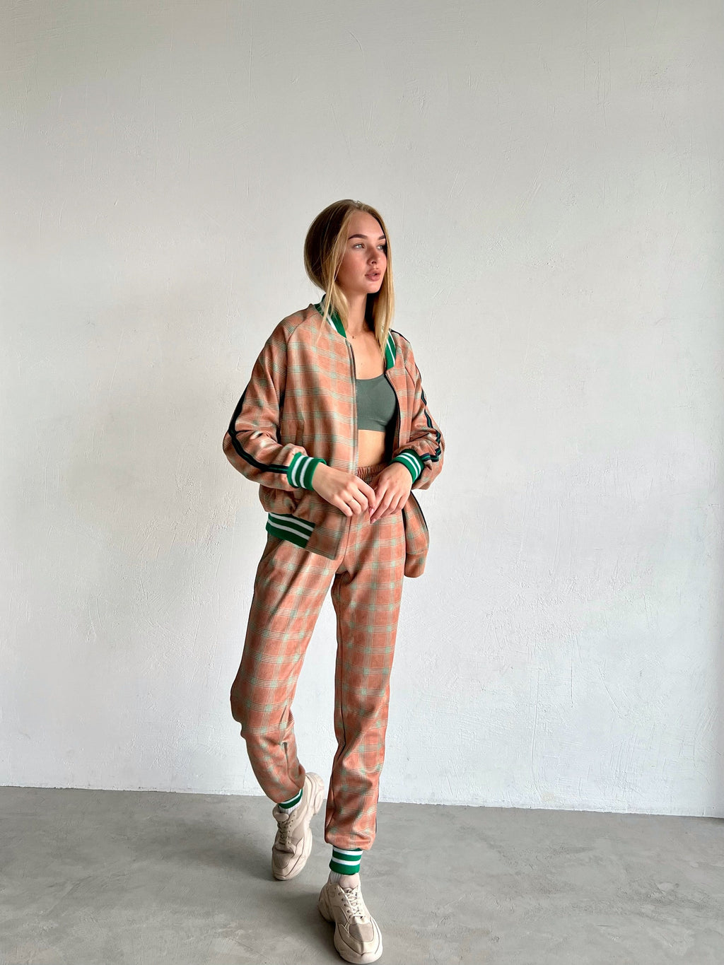Women's Peach Glen Plaid Tracksuit — three-quarter front view