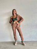 Women's Peach Glen Plaid Tracksuit — glen plaid bomber jacket and joggers inspired by The Gentlemen, front view, jacket open