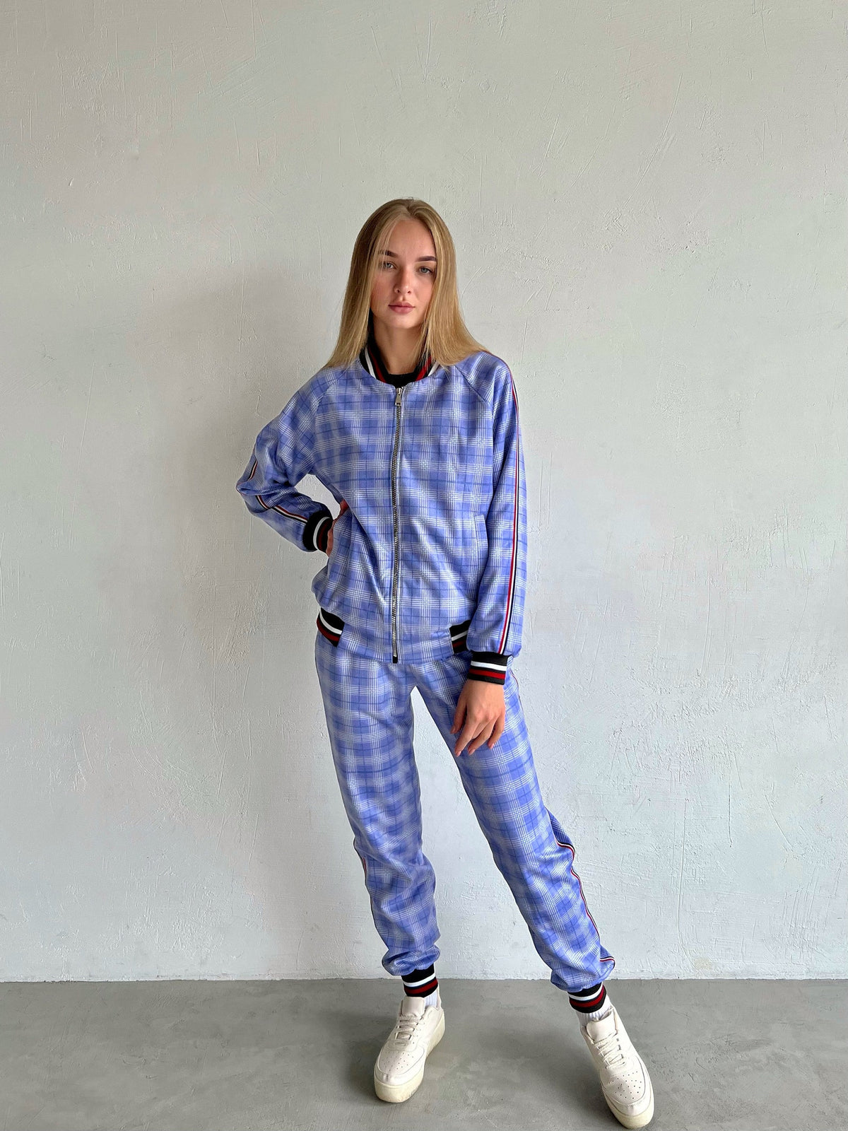 Women's Light Blue Plaid Tracksuit — plaid bomber jacket and joggers inspired by The Gentlemen, front view