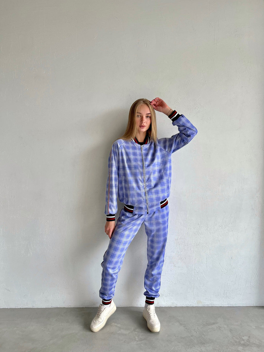 Women's Light Blue Plaid Tracksuit — front view, another angle