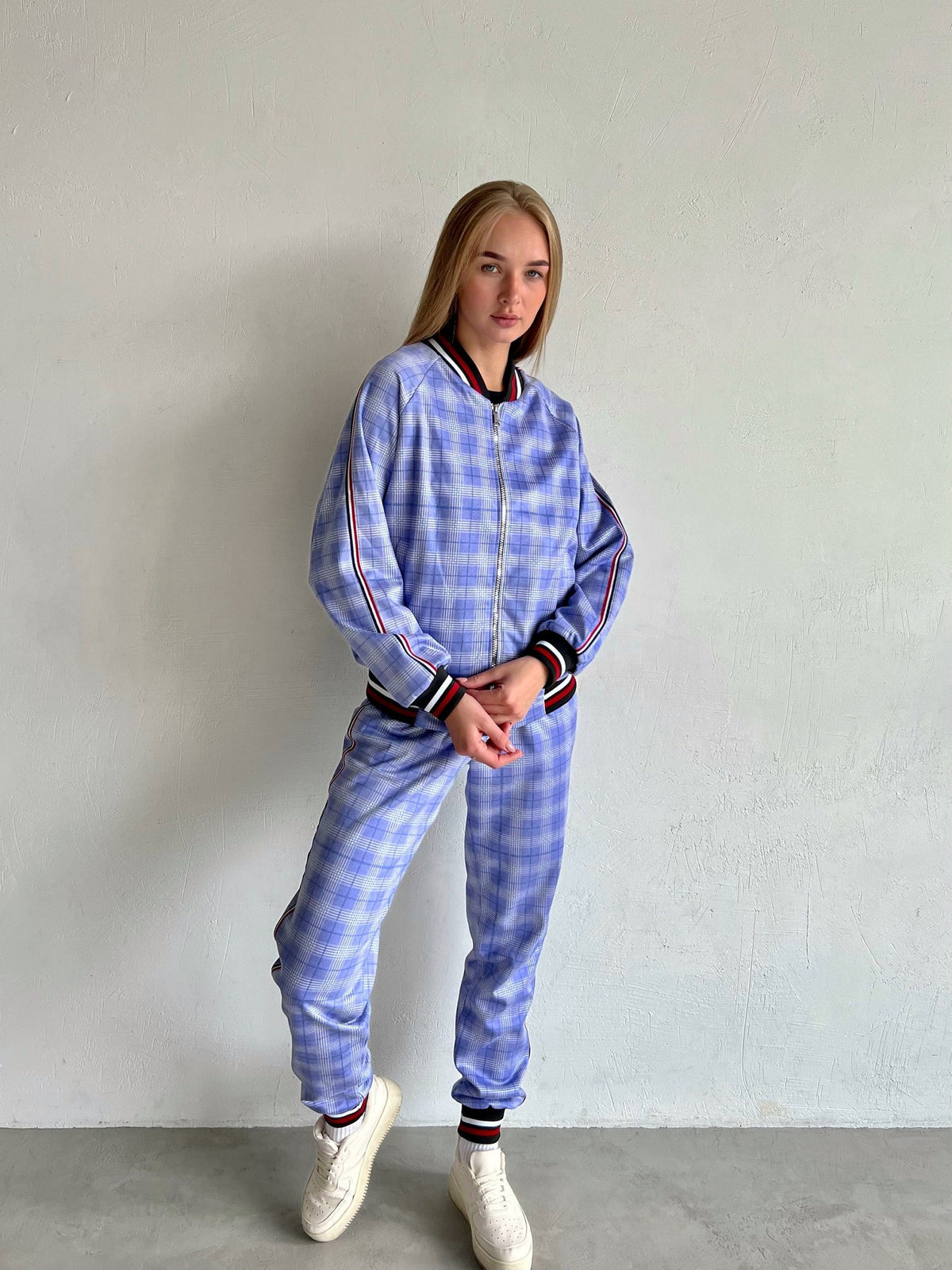 Women's Light Blue Plaid Tracksuit — three-quarter front view