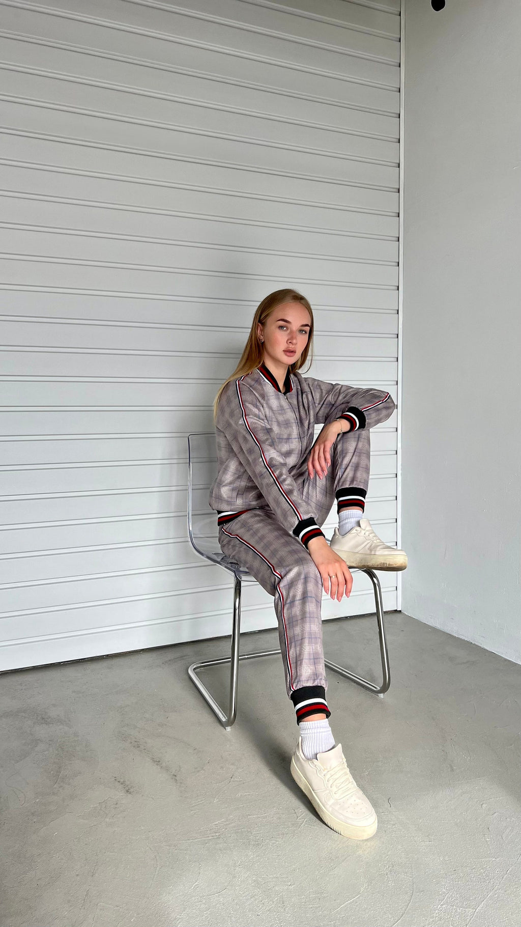Women's Mauve Glen Plaid Tracksuit — seated pose, fifth angle