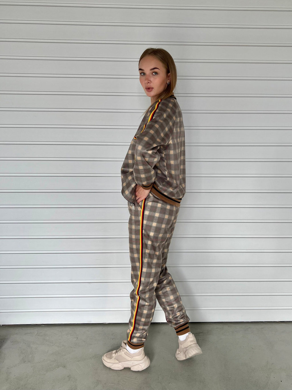 Women's Beige Check Tracksuit — side view
