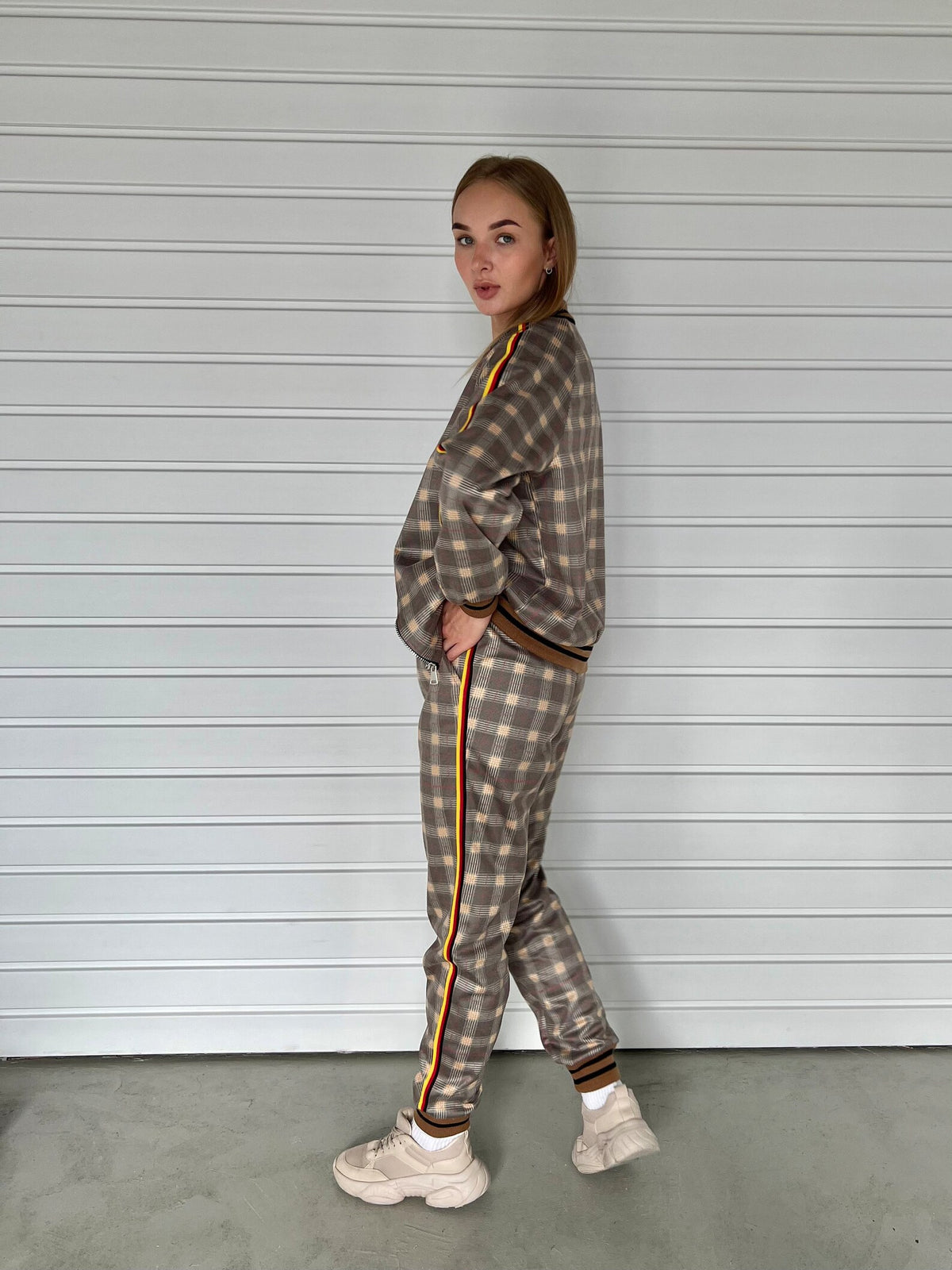 Women's Beige Check Tracksuit — side view