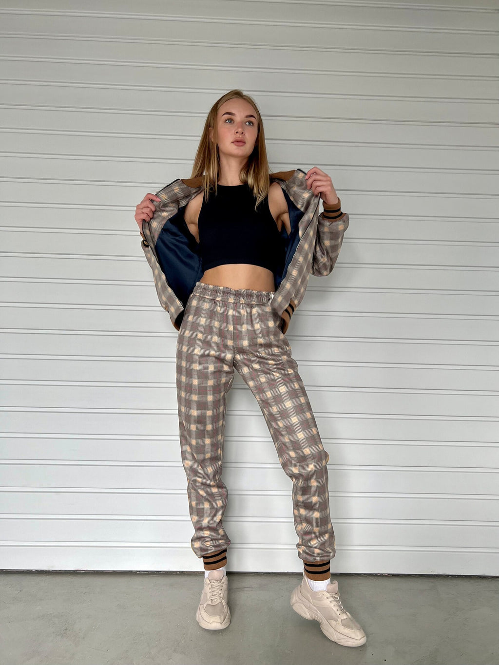 Women's Beige Check Tracksuit — front view, jacket open, another angle