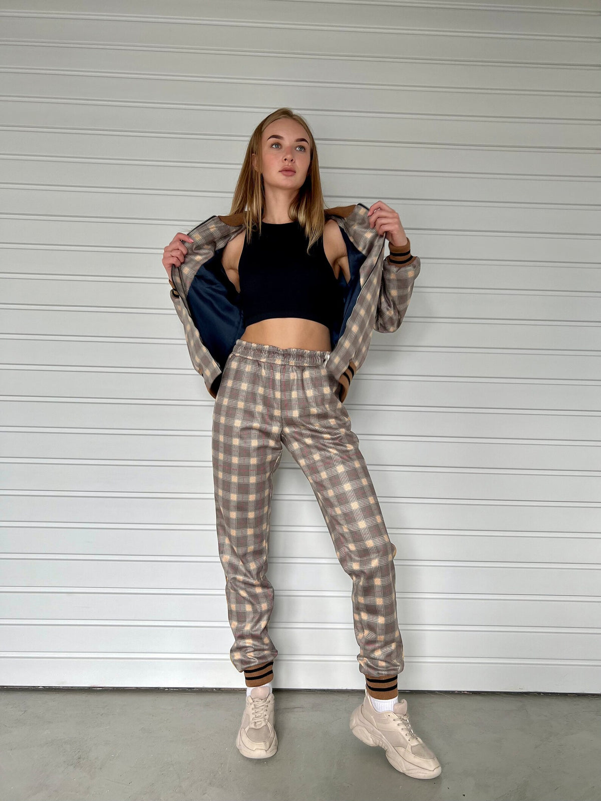 Women's Beige Check Tracksuit — front view, jacket open, another angle