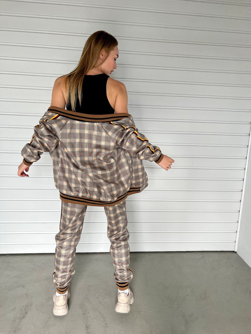 Women's Beige Check Tracksuit — back view, jacket off the shoulders