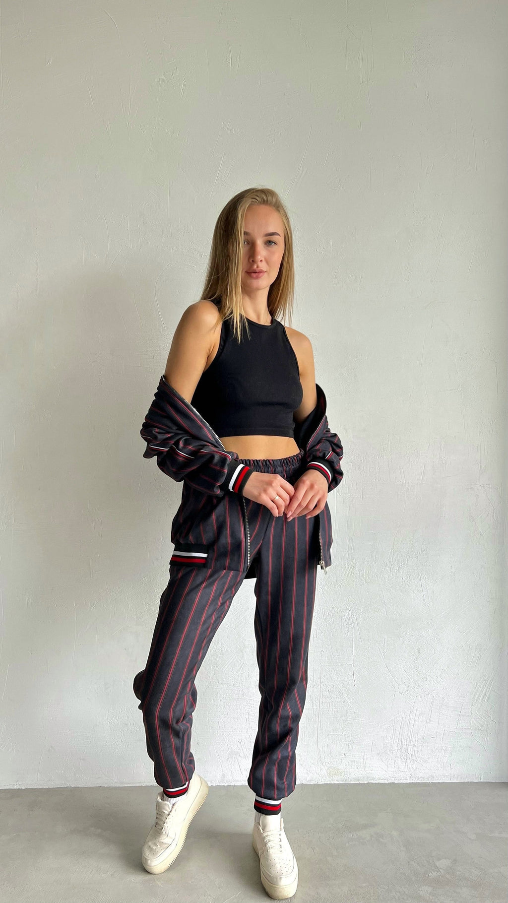 Women's Charcoal Pinstripe Tracksuit — front view, jacket open, another angle