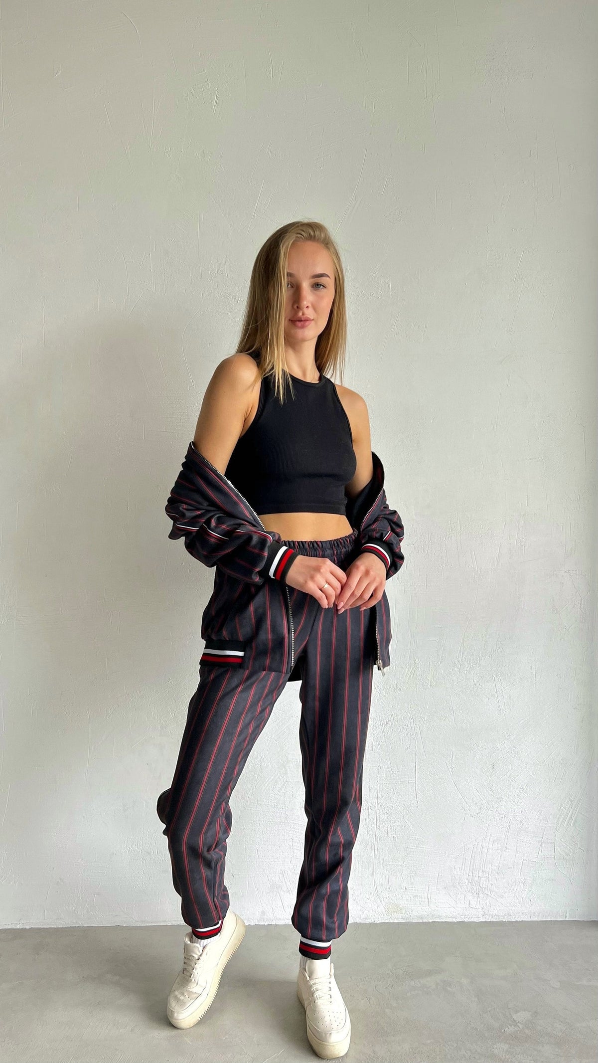 Women's Charcoal Pinstripe Tracksuit — front view, jacket open, another angle