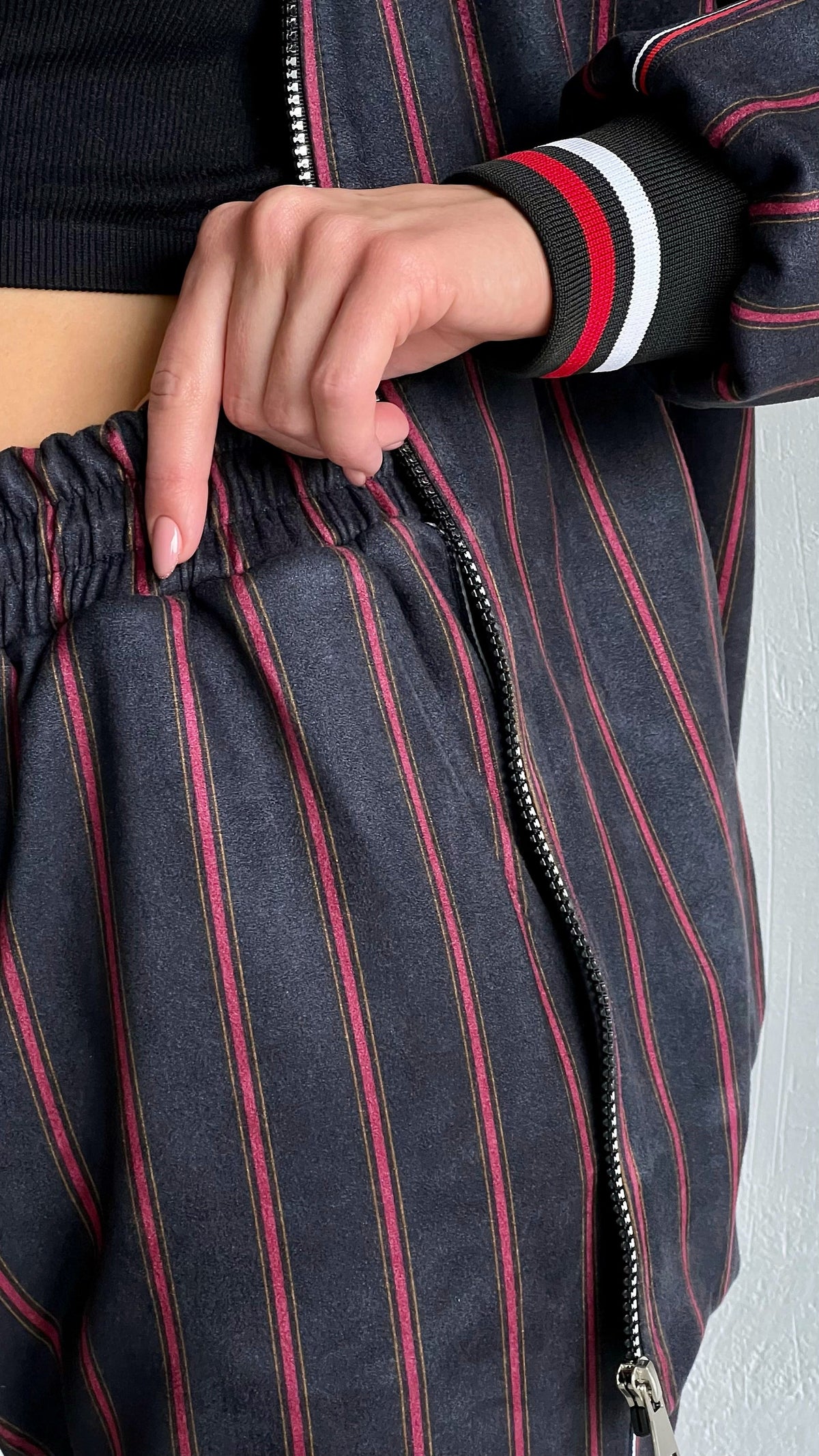 Women's Charcoal Pinstripe Tracksuit — close-up of the side pocket
