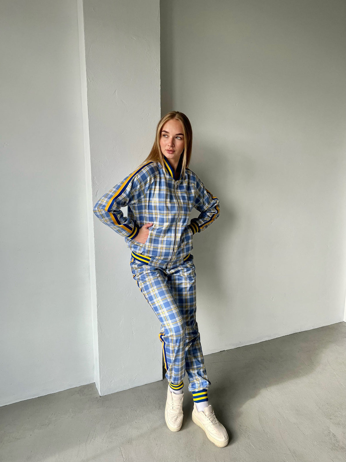 Women's Blue & Yellow Tartan Tracksuit — front view, another angle