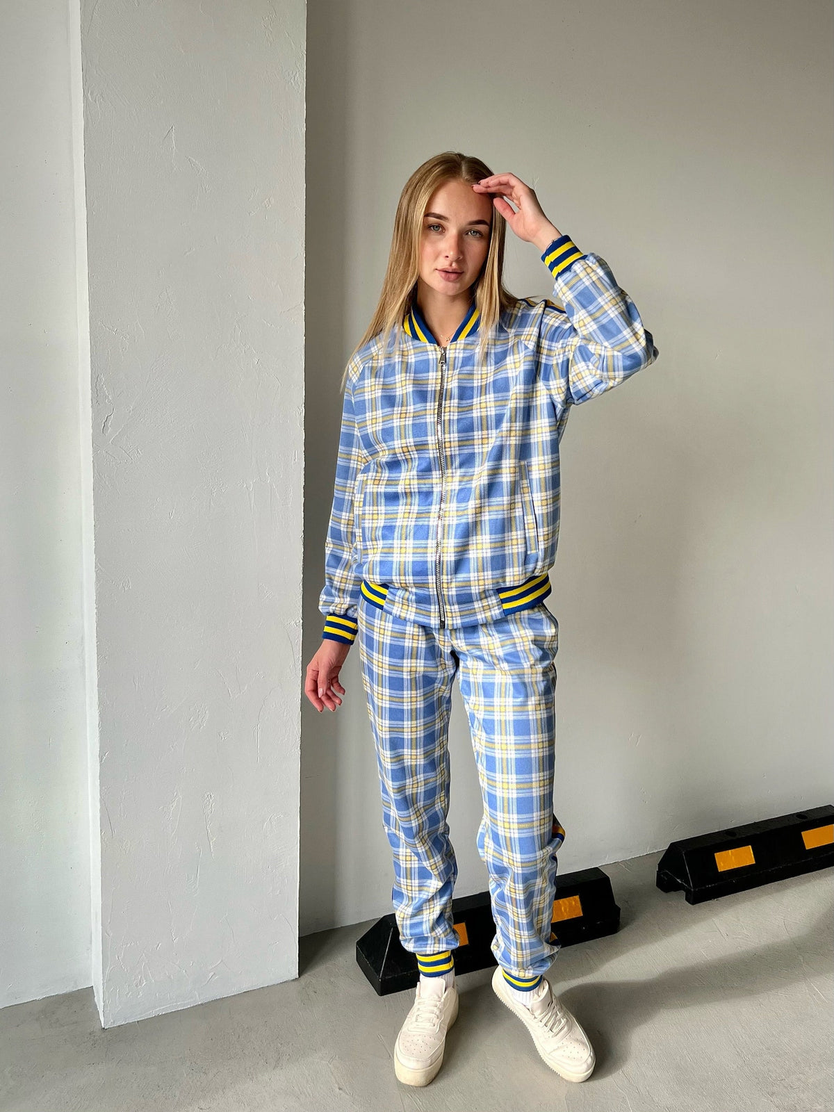 Women's Blue & Yellow Tartan Tracksuit — three-quarter front view