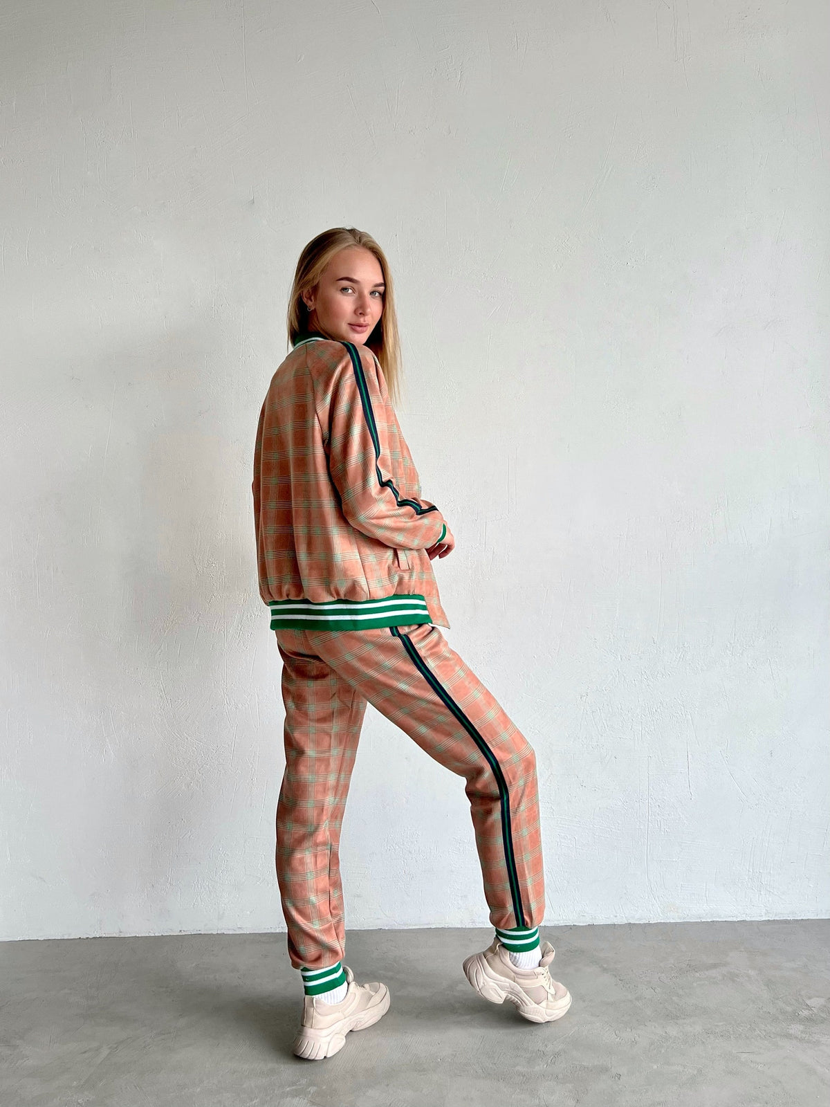 Women's Peach Glen Plaid Tracksuit — side view