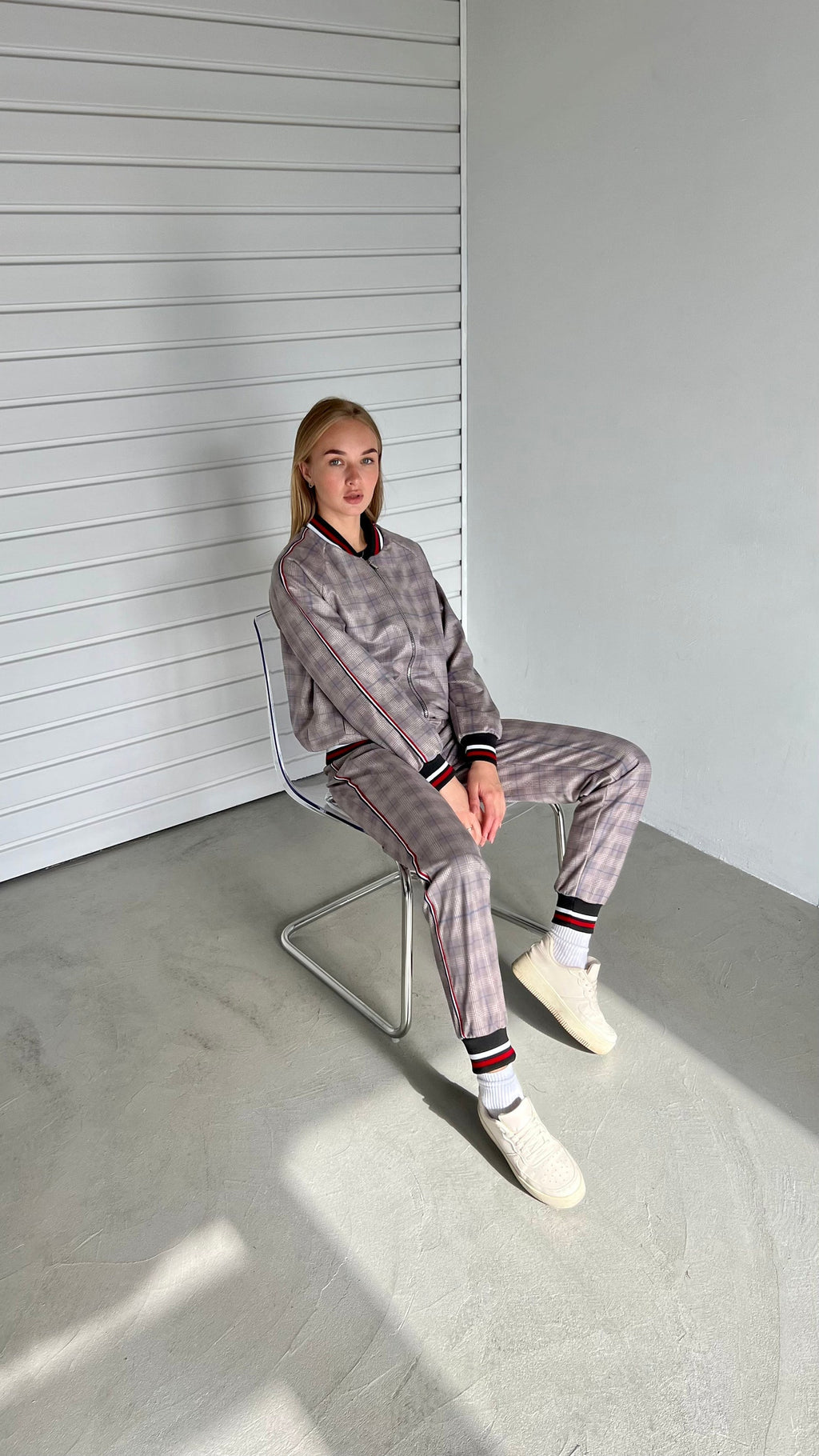 Women's Mauve Glen Plaid Tracksuit — seated pose, fourth angle