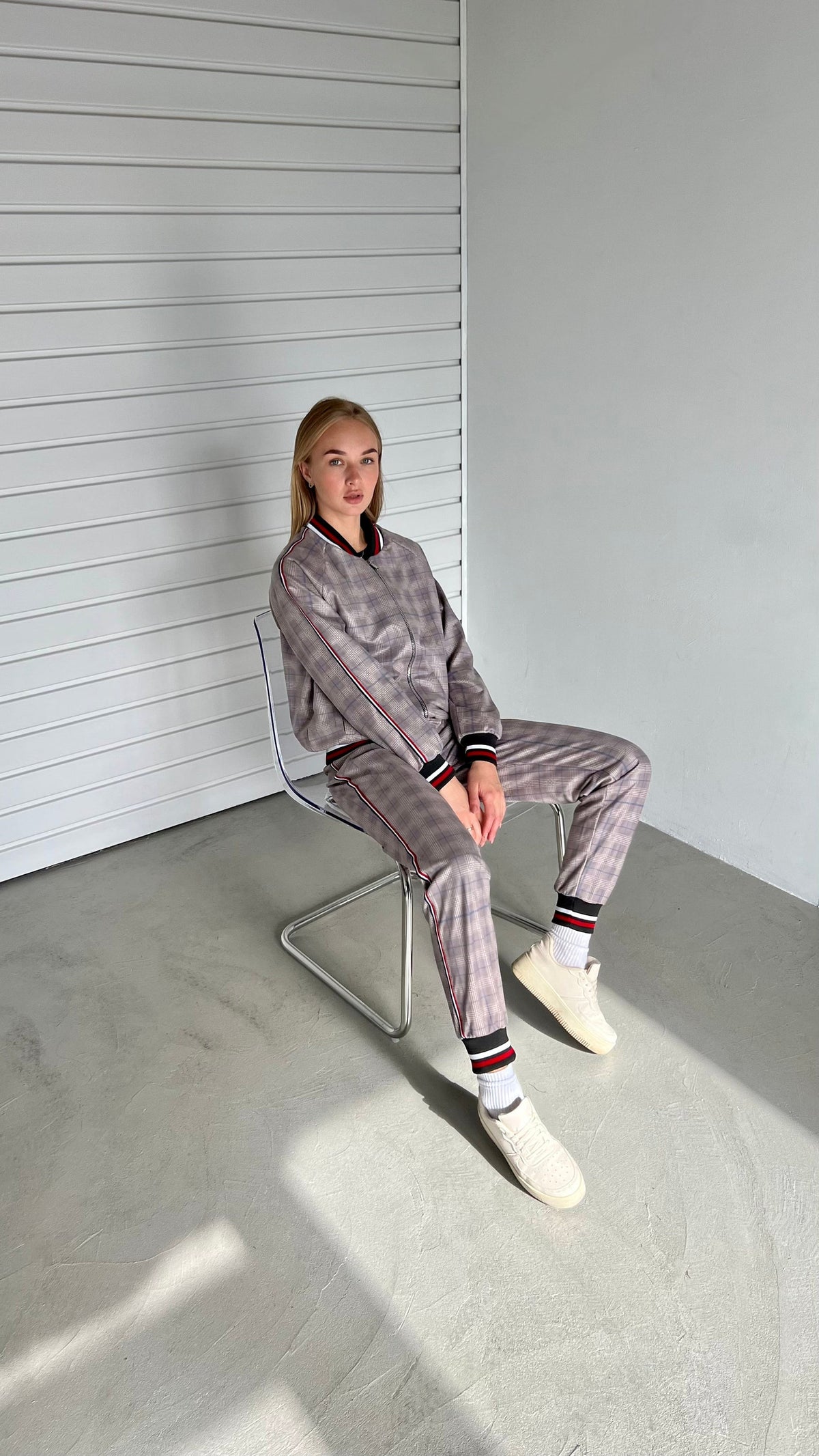 Women's Mauve Glen Plaid Tracksuit — seated pose, fourth angle