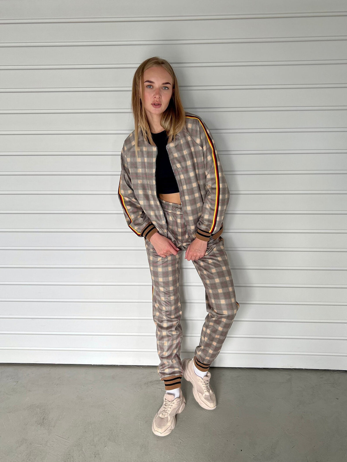 Women's Beige Check Tracksuit — check bomber jacket and joggers inspired by The Gentlemen, front view, jacket open