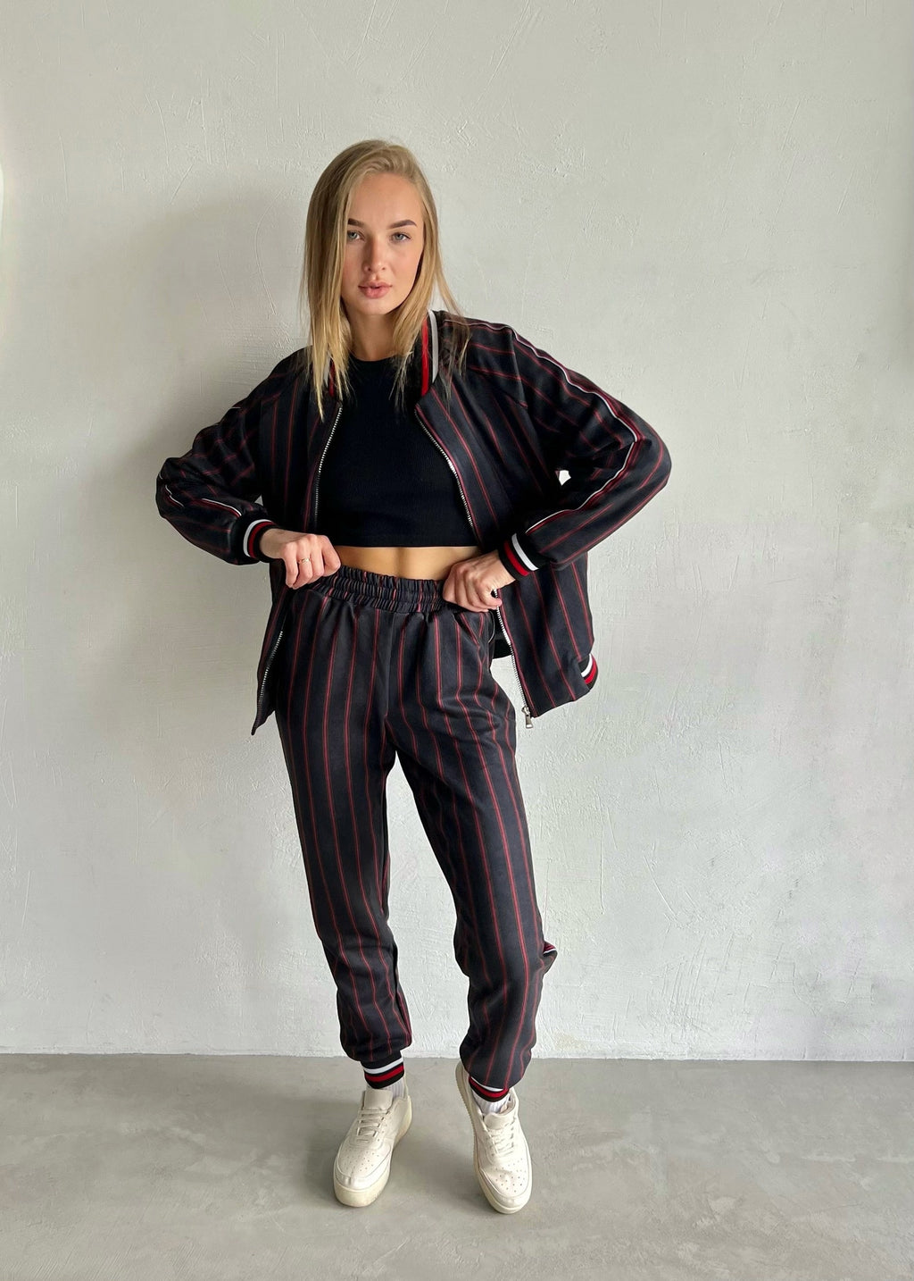Women's Charcoal Pinstripe Tracksuit — front view, jacket open