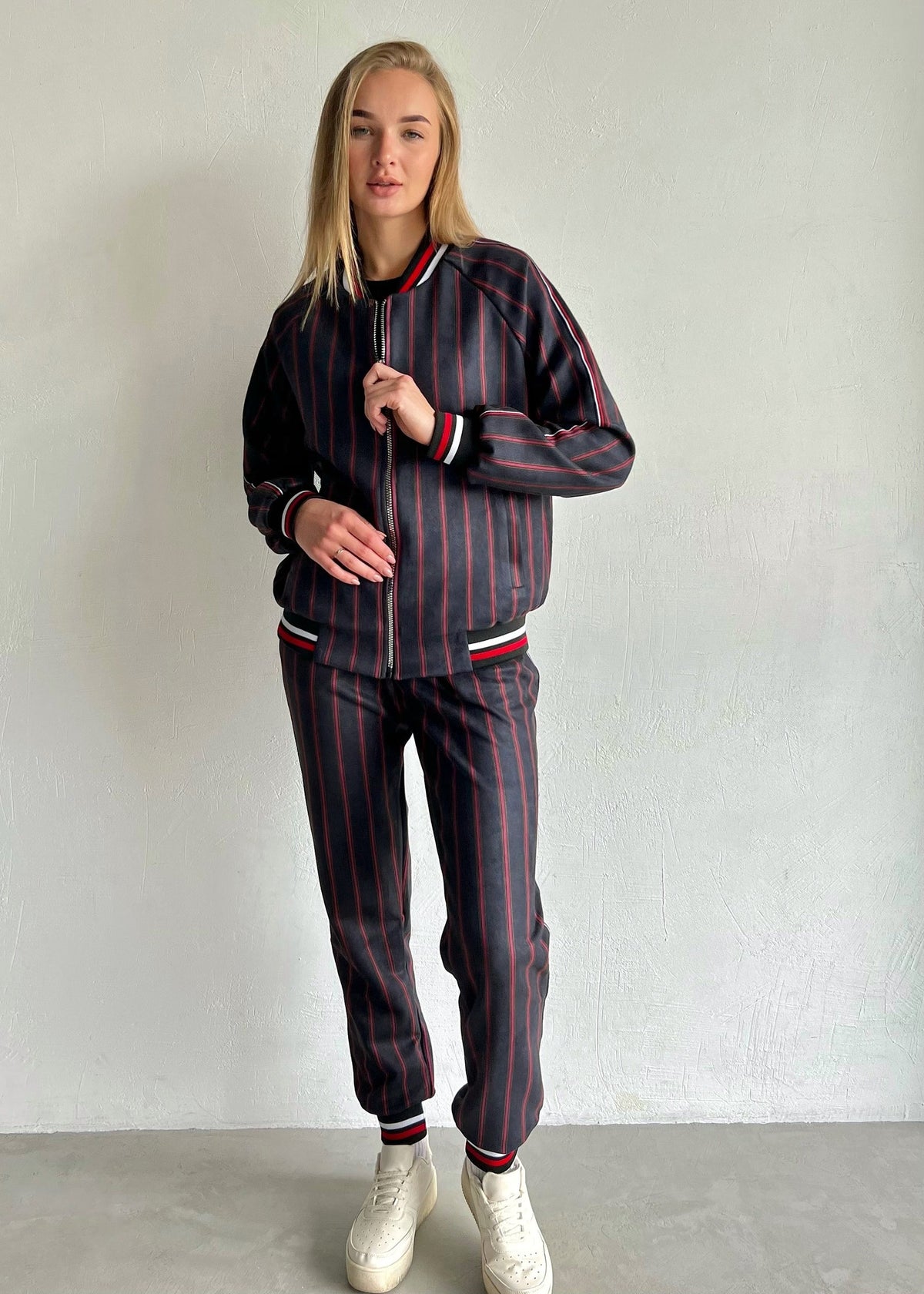 Women's Charcoal Pinstripe Tracksuit — pinstripe bomber jacket and joggers inspired by The Gentlemen, front view