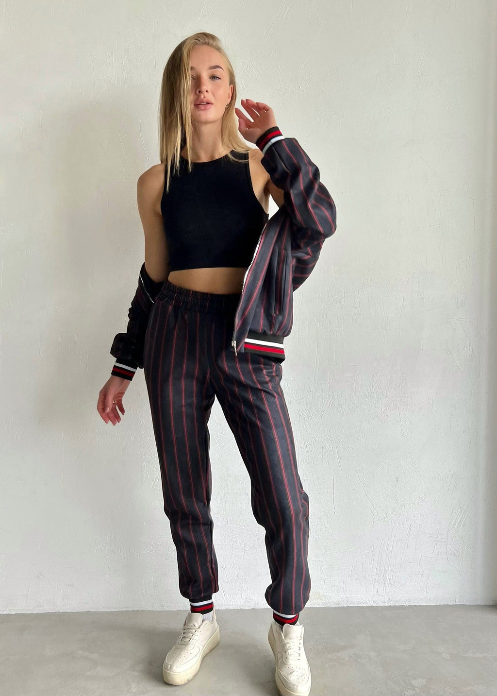 Women's Charcoal Pinstripe Tracksuit — front view, jacket open, third angle