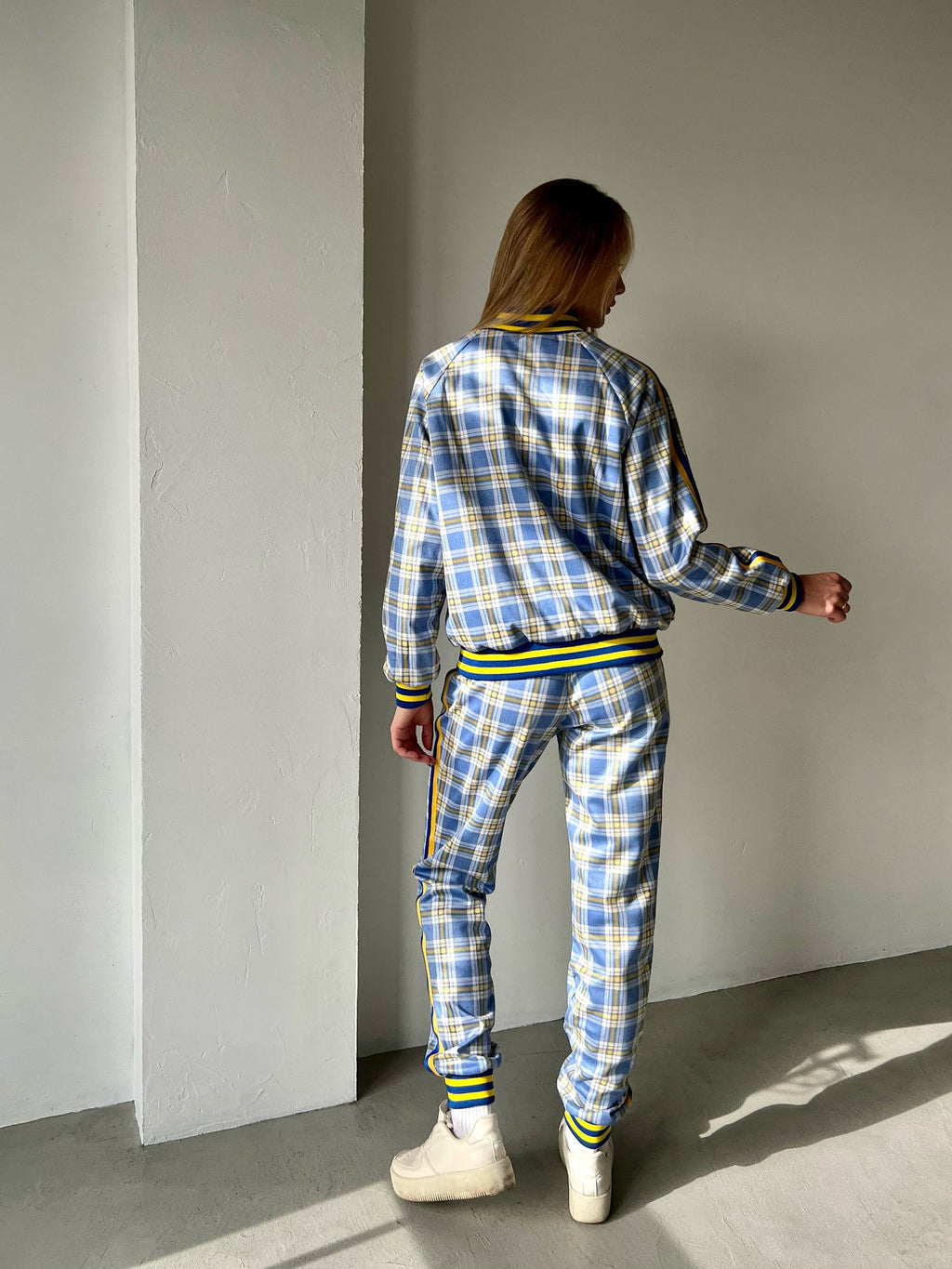 Women's Blue & Yellow Tartan Tracksuit — front view, third angle