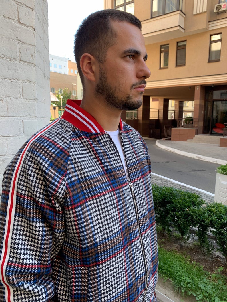 Premium Navy & Red Houndstooth Plaid Gentlemen Tracksuit — close-up of the bomber jacket, another angle