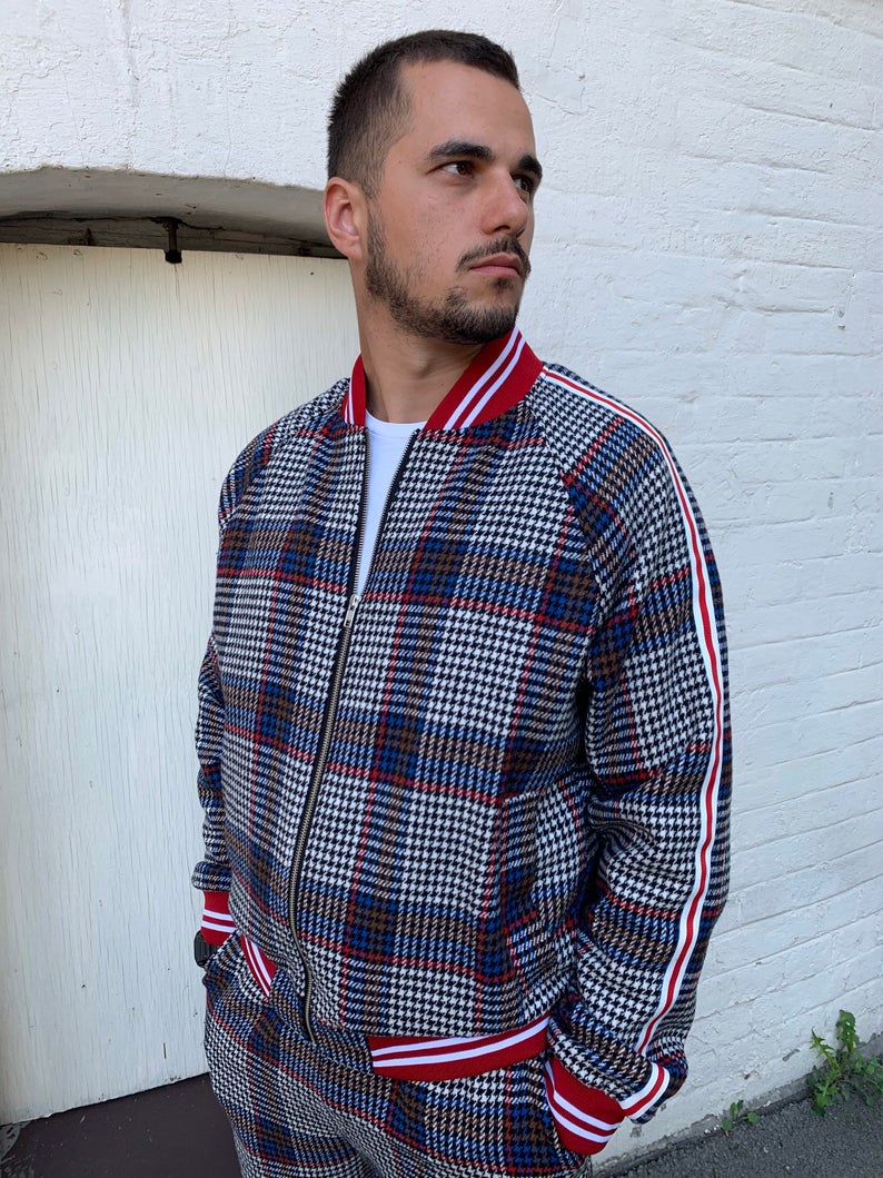 Premium Navy & Red Houndstooth Plaid Gentlemen Tracksuit — close-up of the bomber jacket