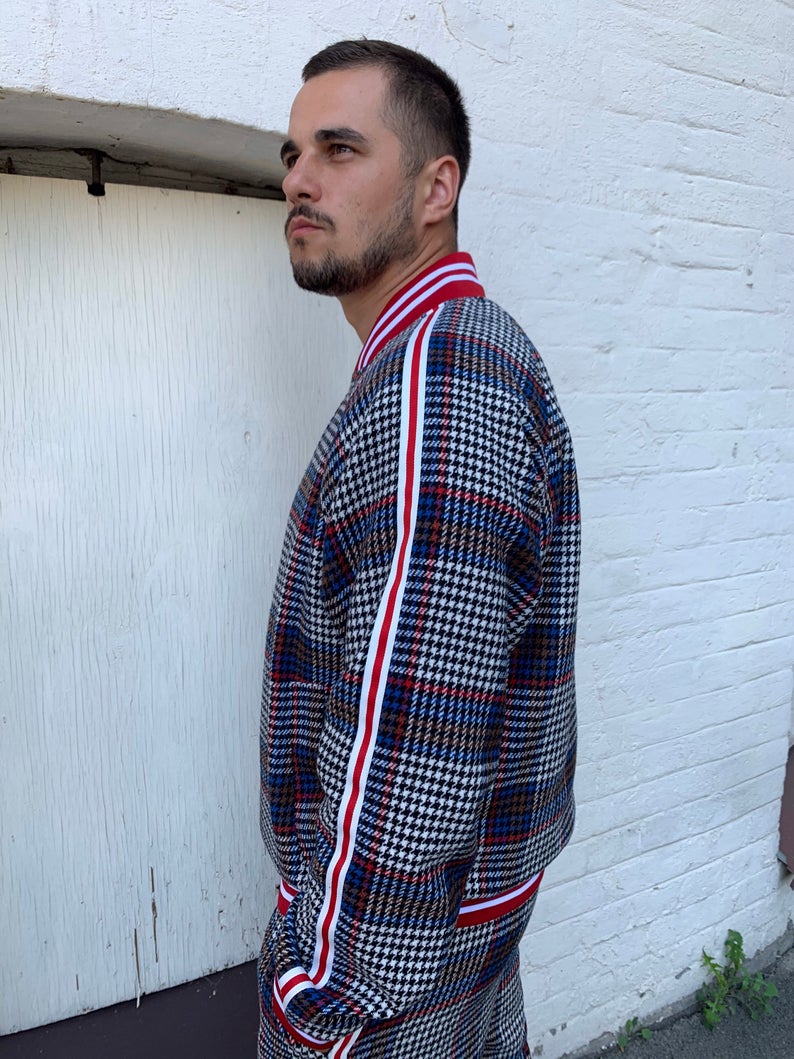 Premium Navy & Red Houndstooth Plaid Gentlemen Tracksuit — close-up of the jacket, side view