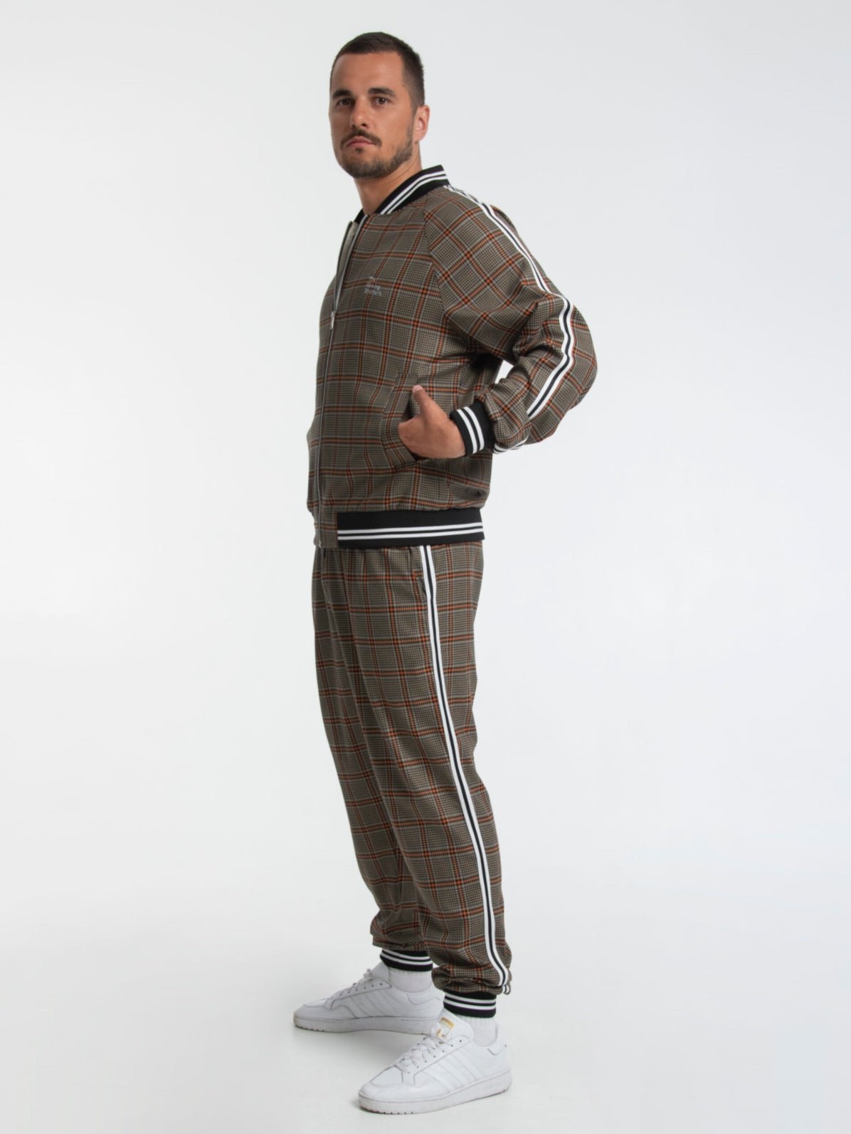 Premium Khaki Glen Plaid Gentlemen Tracksuit — glen plaid bomber jacket and joggers, three-quarter front view