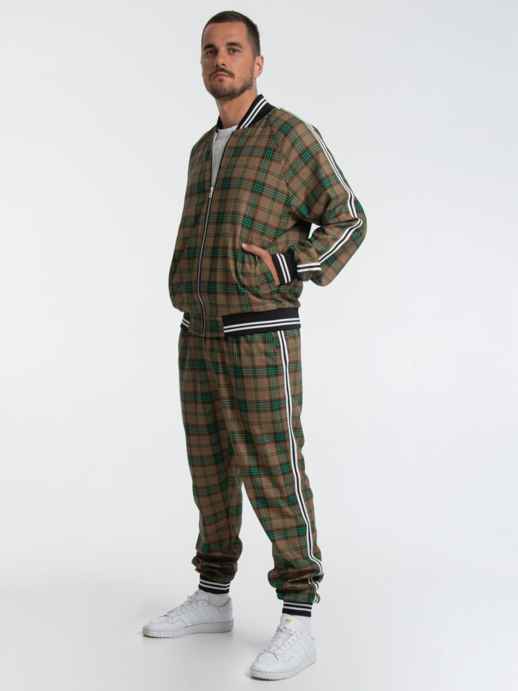 Premium Olive Tartan Gentlemen Tracksuit — tartan bomber jacket and joggers, three-quarter front view