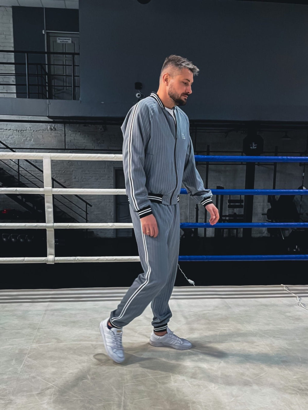 Premium Steel Blue Pinstripe Gentlemen Tracksuit — pinstripe bomber jacket and joggers, front view