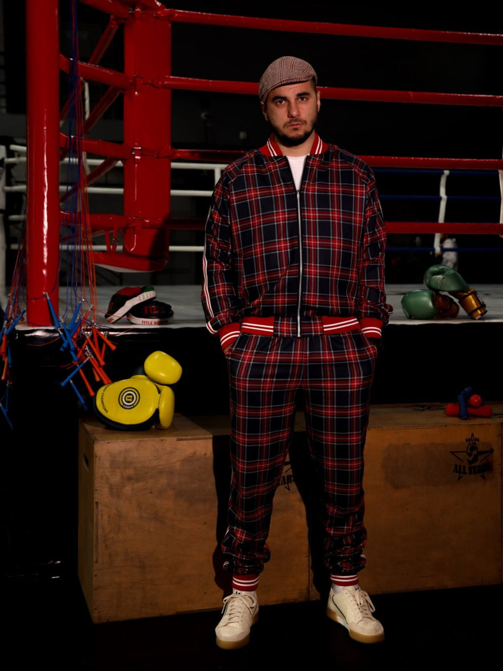 Premium Red Tartan Gentlemen Tracksuit — tartan bomber jacket and joggers, front view