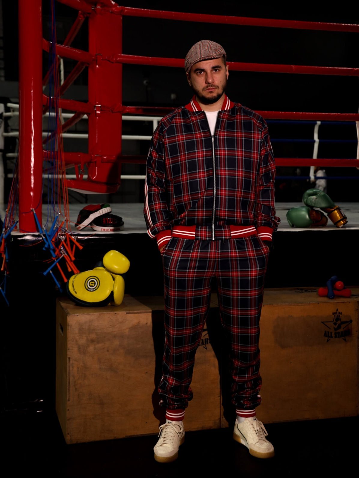 Premium Red Tartan Gentlemen Tracksuit — tartan bomber jacket and joggers, front view