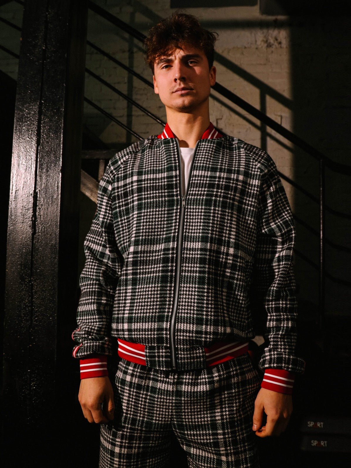 Premium Emerald Houndstooth Gentlemen Tracksuit — houndstooth bomber jacket and joggers, jacket close-up