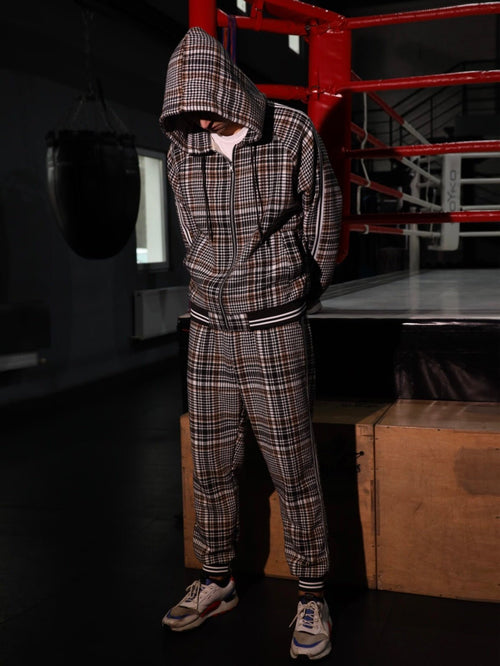 Premium Brown Plaid Hooded Gentlemen Tracksuit — plaid hooded jacket and joggers, hood up, front view
