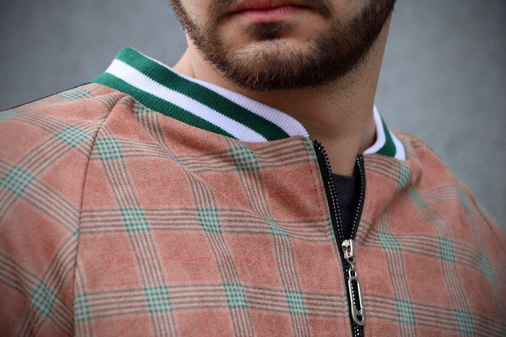 Rust Checkered Gentlemen Tracksuit — close-up of the collar and zipper