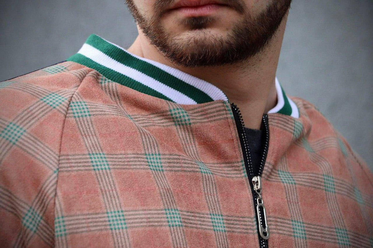 Rust Checkered Gentlemen Tracksuit — close-up of the collar and zipper